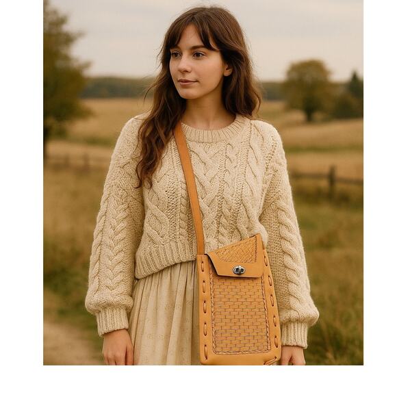 Bohemian Handmade Leather Natural Tan Squared Shoulder Bag Twist Lock Closure - Picture 1 of 11
